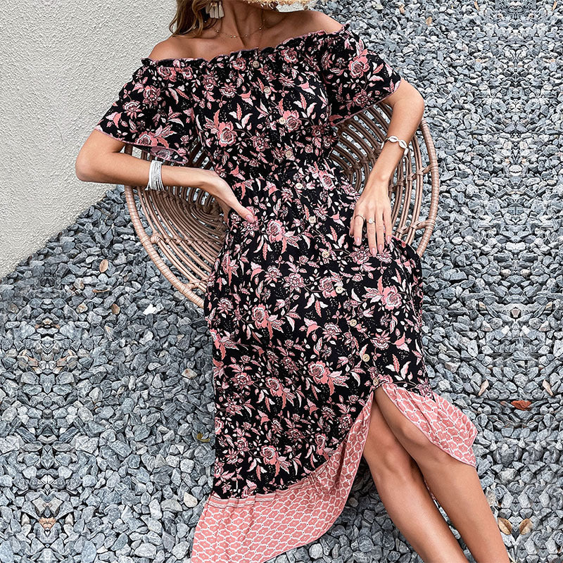 Robe maxi femme à épaules dénudées avec motif floral et fente haute Levoire