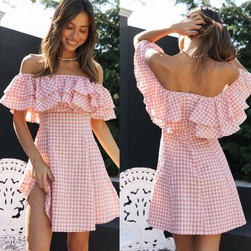 Robe d'été femme à épaules dénudées avec volants et joli motif à carreaux Levoire