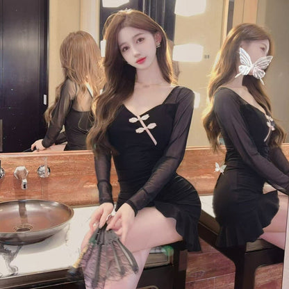 Levoire | Sexy Réseau Manche Longue Robe Bodycon en Coton