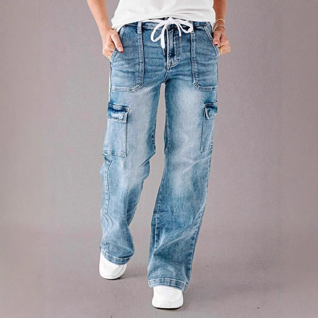 Jeans cargo pour femmes à jambe large et taille ajustable Levoire