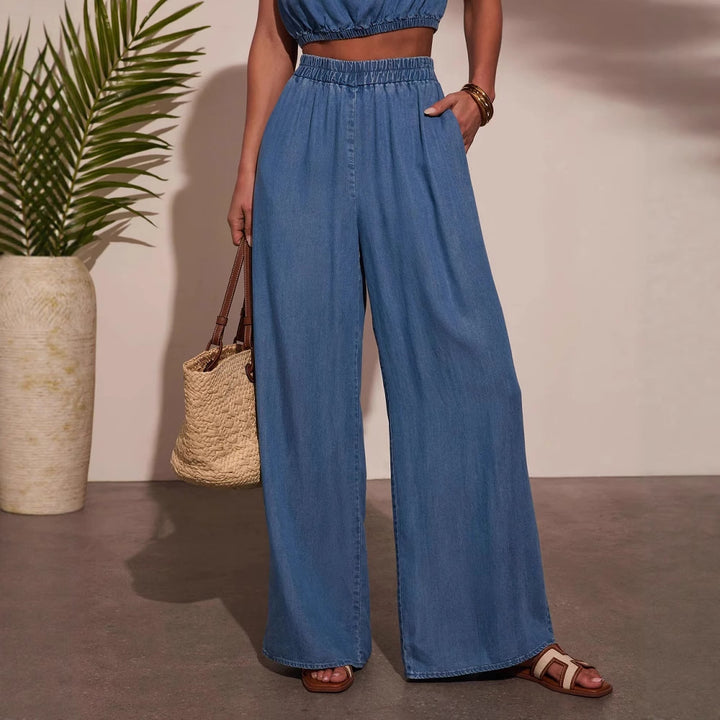 Ensemble décontracté en denim pour femme avec top court et pantalon large Levoire