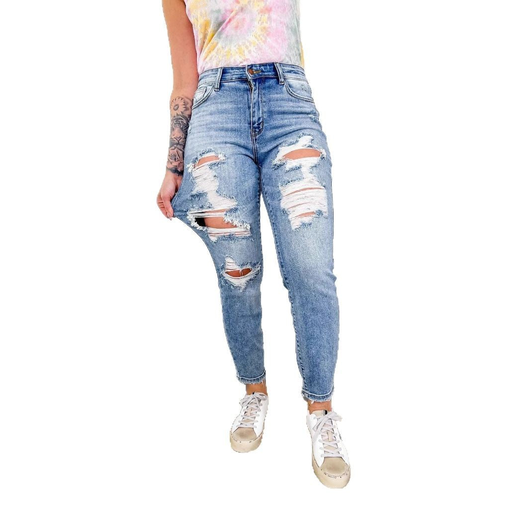 Jeans détruits taille haute pour femmes style boyfriend Levoire