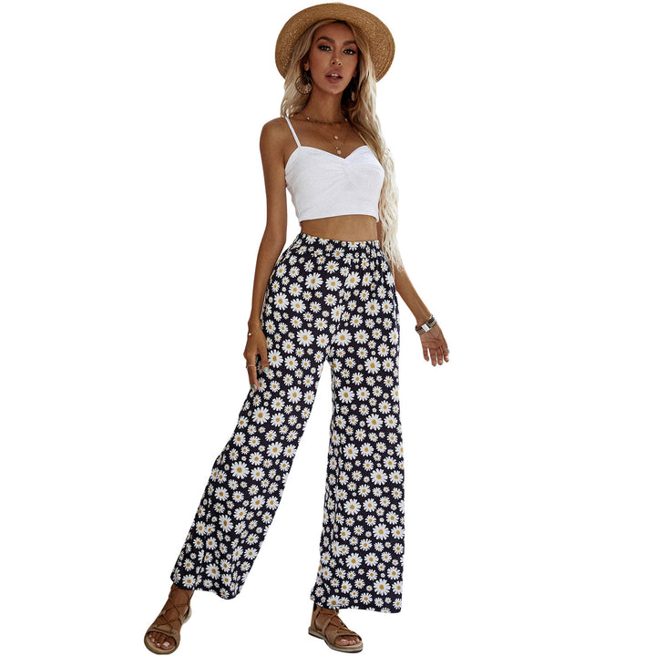 Pantalons larges d'été pour femmes avec motif floral et taille élastique Levoire