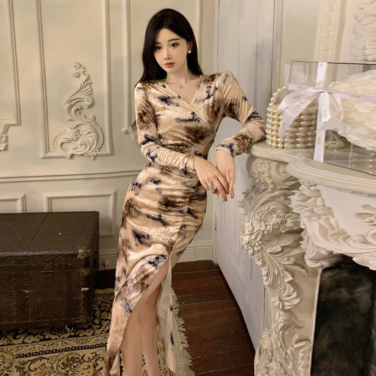 Levoire | Élégant Robe Bodycon en Velours Imprimé Abricot