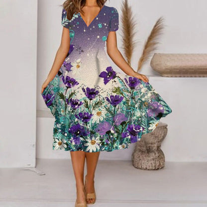 Levoire | Chic Imprimé Élégant Robe à Col en V à Manches Courtes Lila