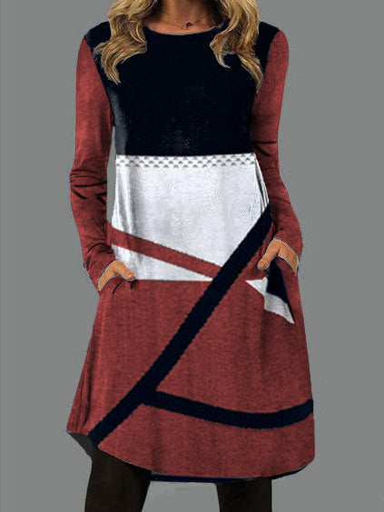 Levoire | Trendik Imprimé Col Ronde Longue Manche Tissu Poche Robe Rouge vin