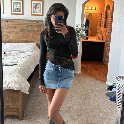 Levoire | T-shirt longue à manches longues en dentelle Slim Fit délicate