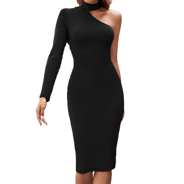 Robe midi asymétrique ajustée pour femmes avec manches longues et col montant élégant Levoire