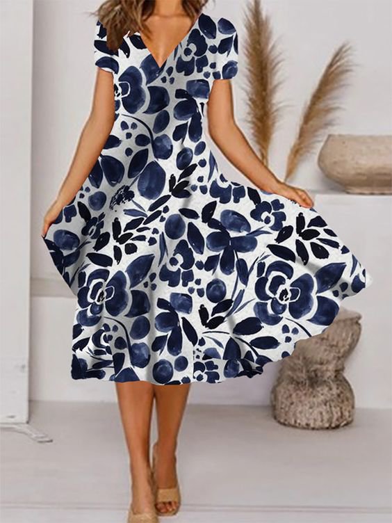 Levoire | Robe à manches courtes avec décolleté en V à imprimé floral élégant Bleu foncé