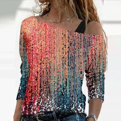 Levoire | T-shirt off-shoulder à imprimé marbré tendance à manches mi-longues A7