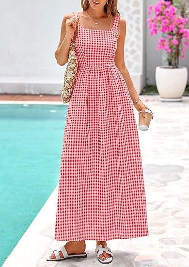 Robe maxi femme à motif à carreaux classique avec bretelles réglables et taille élastique Levoire