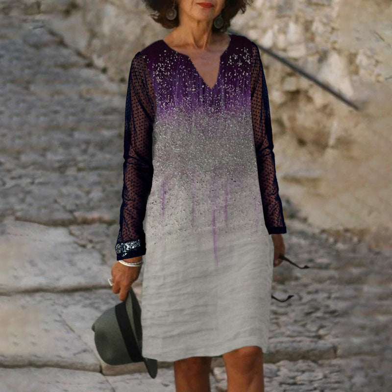 Levoire | Élégant Imprimé V-cou Manches Longues Robe en Dentelle Lavande Lilas