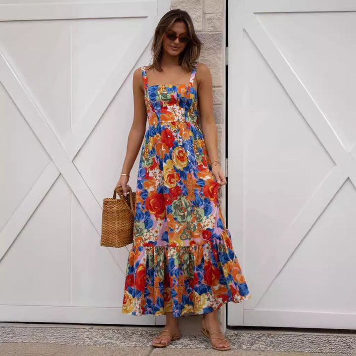 Levoire | Robe Longue Avec Encolure Carrée Et Motif Floral Vivant