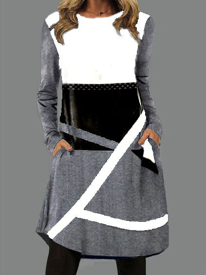 Levoire | Trendik Imprimé Col Ronde Longue Manche Tissu Poche Robe Blanc