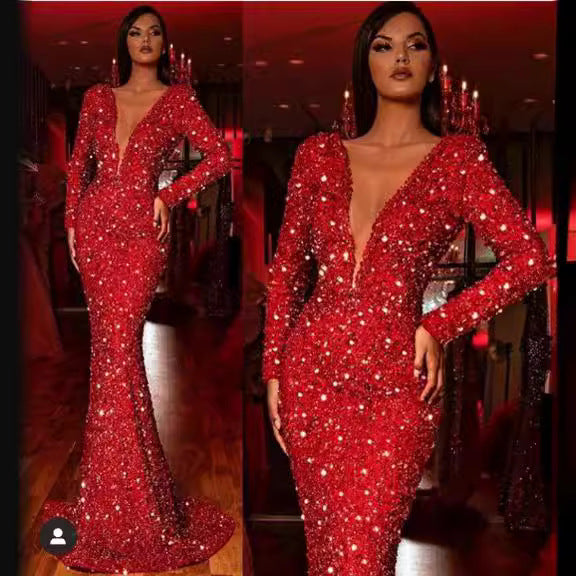 Levoire | Brillant Longue Manche-V décolleté Robe Longue