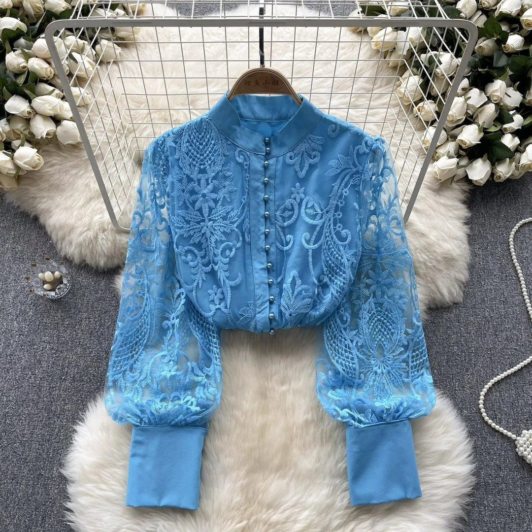 Levoire | Vintage blouse française à manches bouffantes Bleu Taille libre