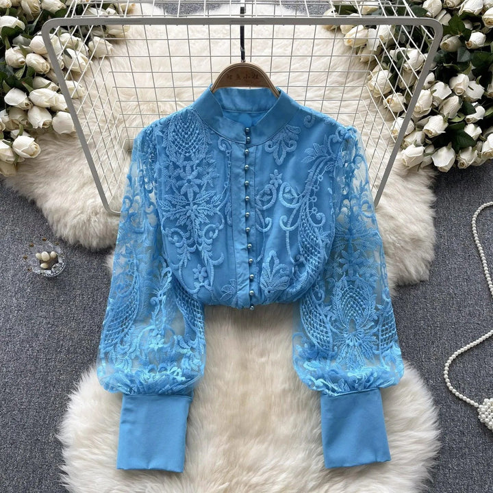 Levoire | Vintage blouse française à manches bouffantes Bleu Taille libre