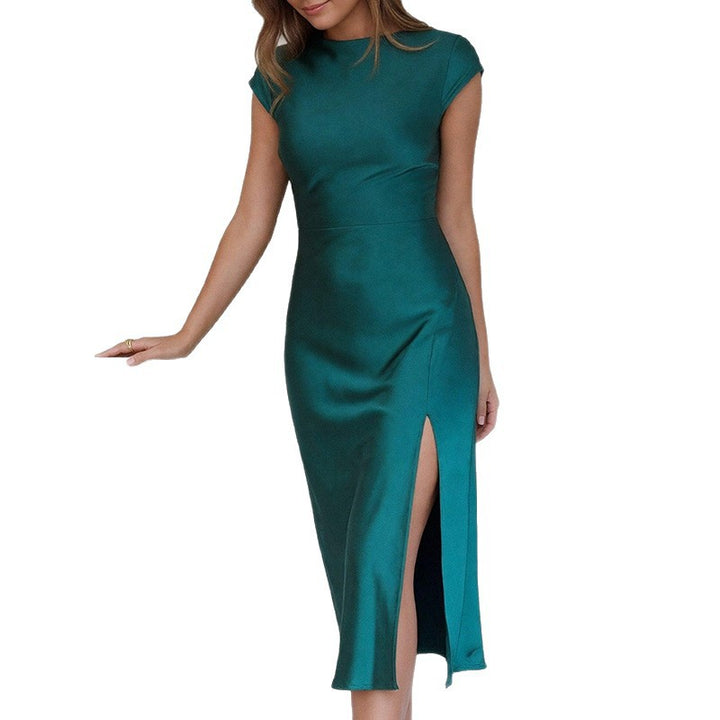 Robe Midi Élégante pour Femme avec Col Montant Chic et Satin Fluide Levoire