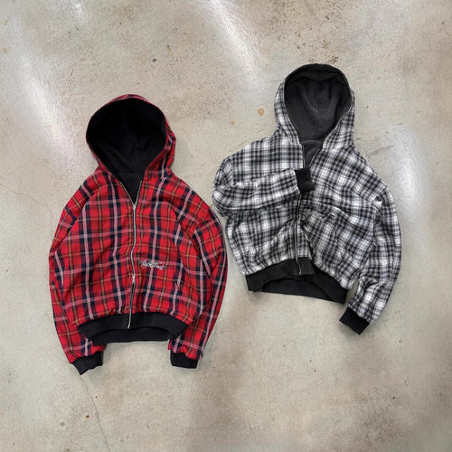 Veste à capuche à motif à carreaux décontractée pour femmes avec double zip Levoire