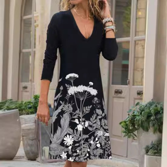Levoire | Élégant robe à fleurs à manches longues et col rond