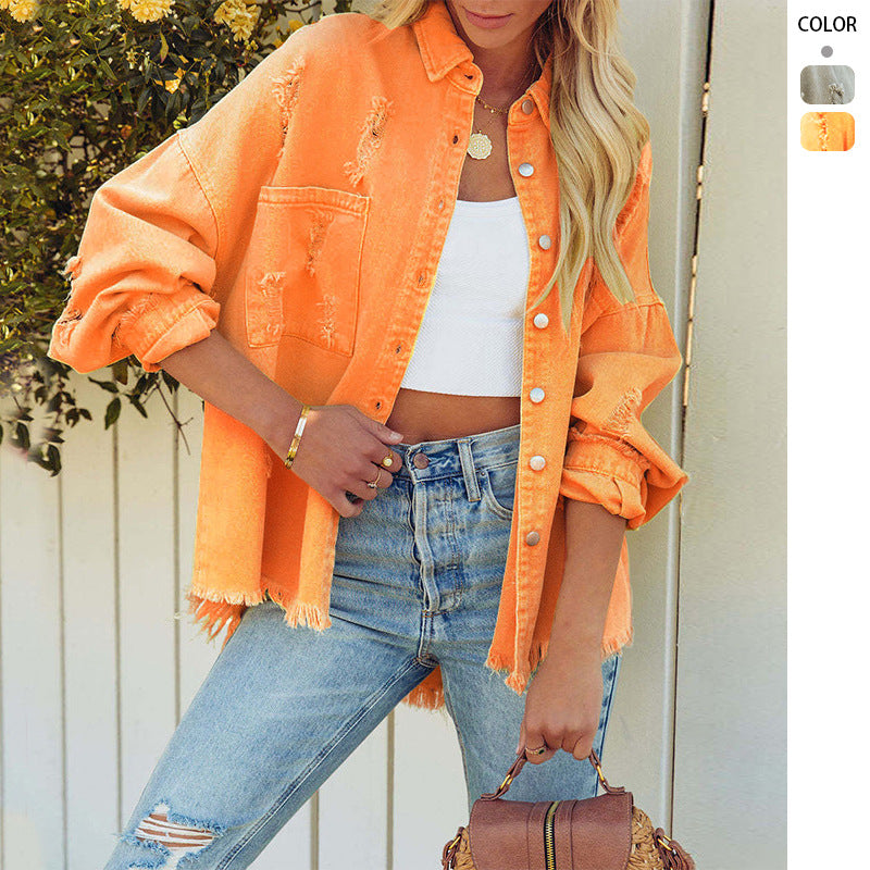 Veste en denim oversized pour femme avec ourlet effiloché et design boutonnable Levoire