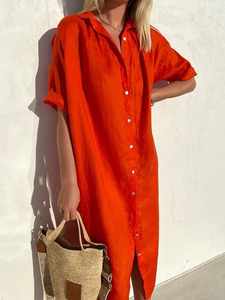 Levoire | Robe à boutons à manches amples, élégante et décontractée, pour femmes robes en coton et en lin Rouge