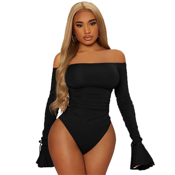 Bodysuit élégant pour femmes à épaules dénudées avec des détails en volants et des manches longues Levoire