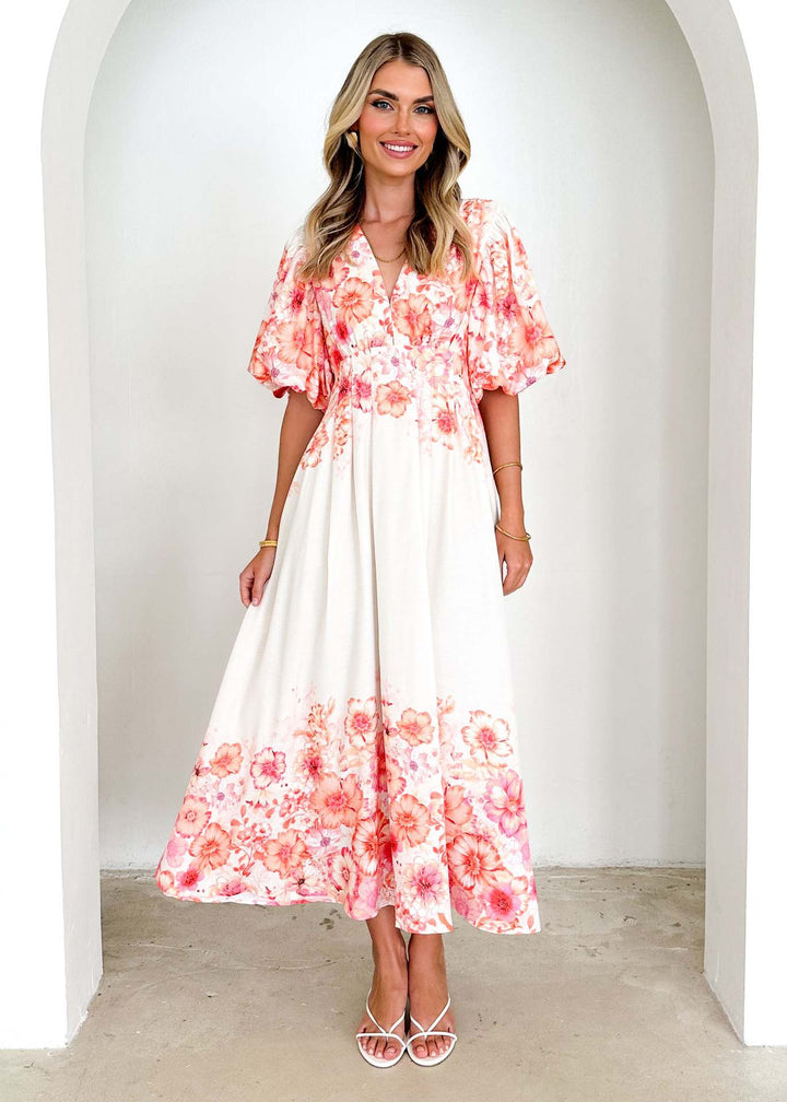 Robe maxi pour femmes avec manches bouffantes volumineuses et design floral Levoire