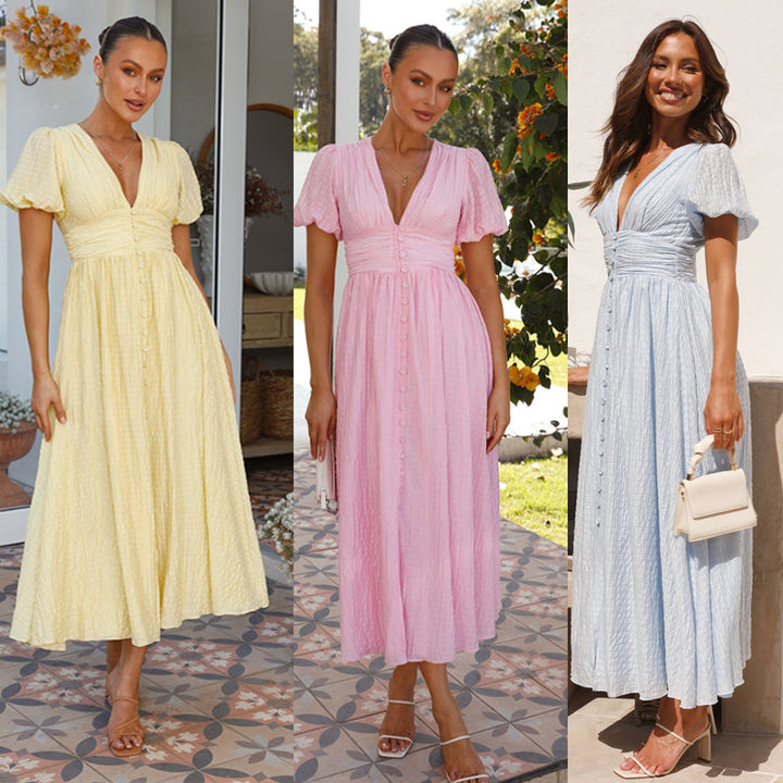 Robe Maxi Femme avec Décolleté en V Romantique et Design de Volants Festifs Levoire