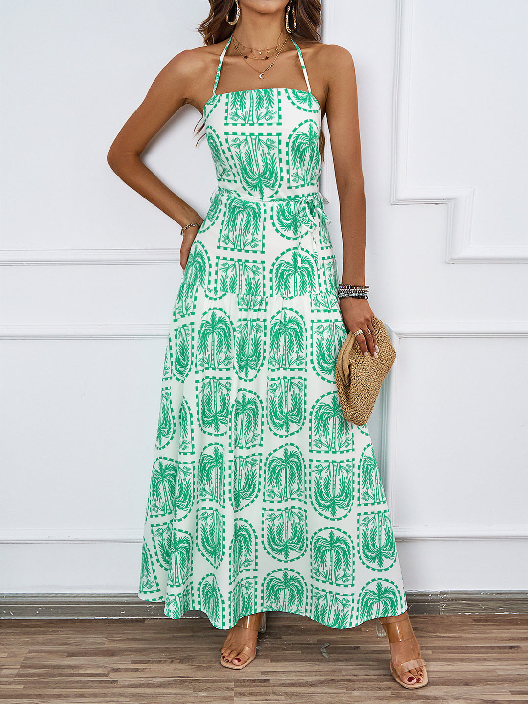 Robe maxi femme avec imprimé graphique fin et col halter ajustable Levoire