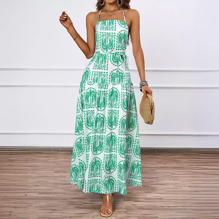 Robe maxi femme avec imprimé graphique fin et col halter ajustable Levoire