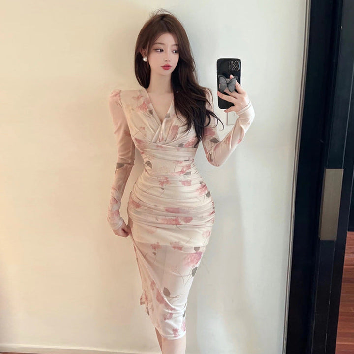 Levoire | Robe Tendance Kihara Décolleté en V Fronces Partie à Nouer Couleur de fleurs