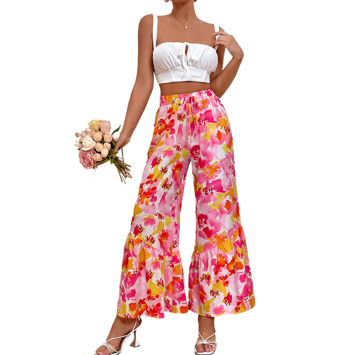 Pantalon Palazzo large pour femmes avec un design floral coloré et des détails en volants Levoire