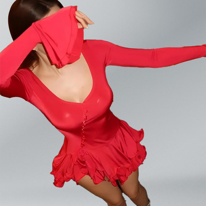 Robe mini découpée de manière ludique pour femmes avec volants et fermeture à pressions Levoire