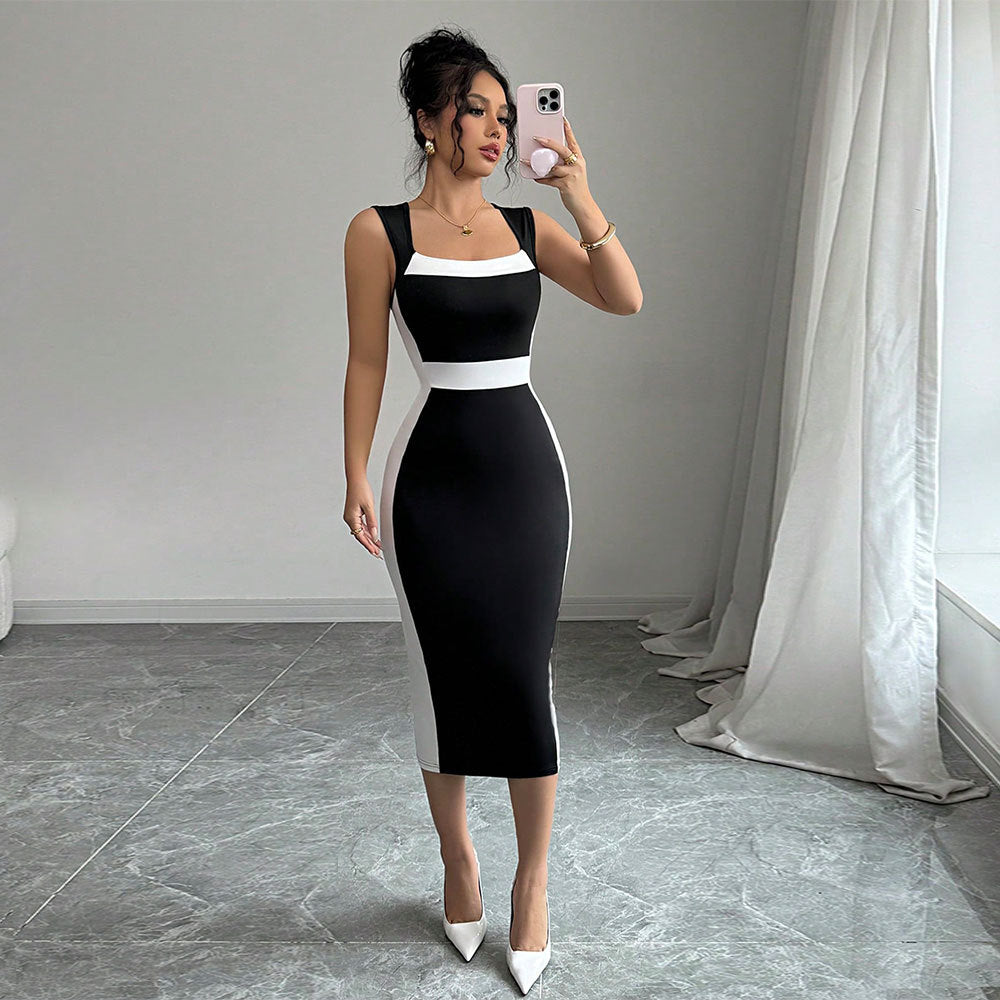 Robe midi ajustée pour femmes avec une coupe contrastée à la mode et des bretelles fines Levoire