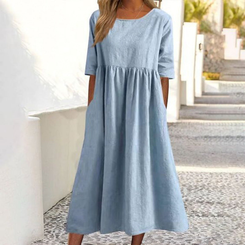Levoire | Robe Longue Uni en Coton Lin sans Louer Bleu clair