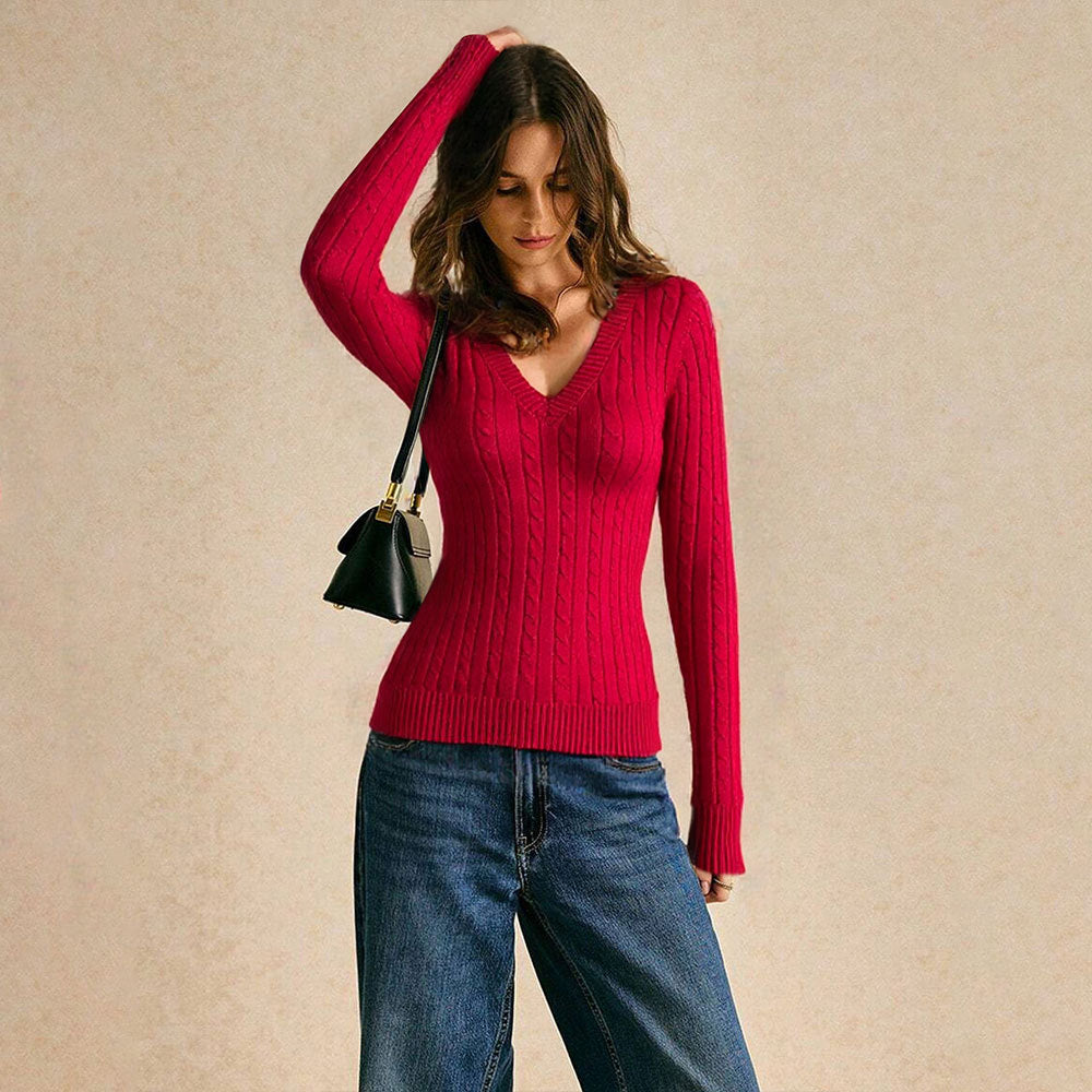 Pull femme avec col en V et motif en câble texturé Levoire