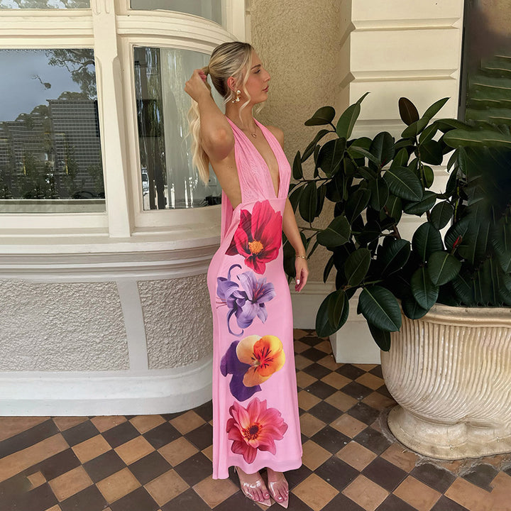 Robe maxi élégante pour femme avec décolleté plongeant et design floral Levoire