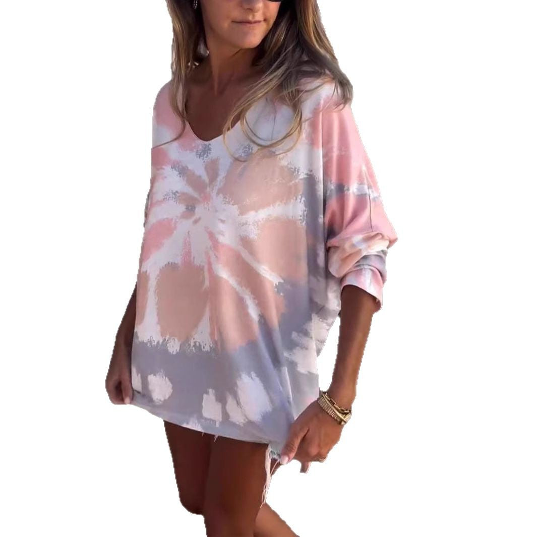 Sweatshirt décontracté pour femmes tie-dye avec col en V et épaules tombantes Levoire
