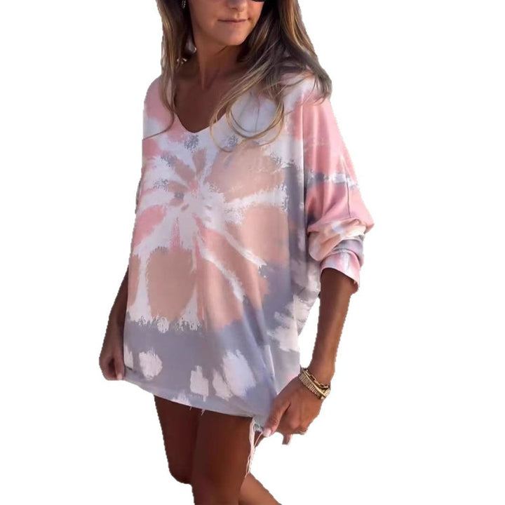 Sweatshirt décontracté pour femmes tie-dye avec col en V et épaules tombantes Levoire
