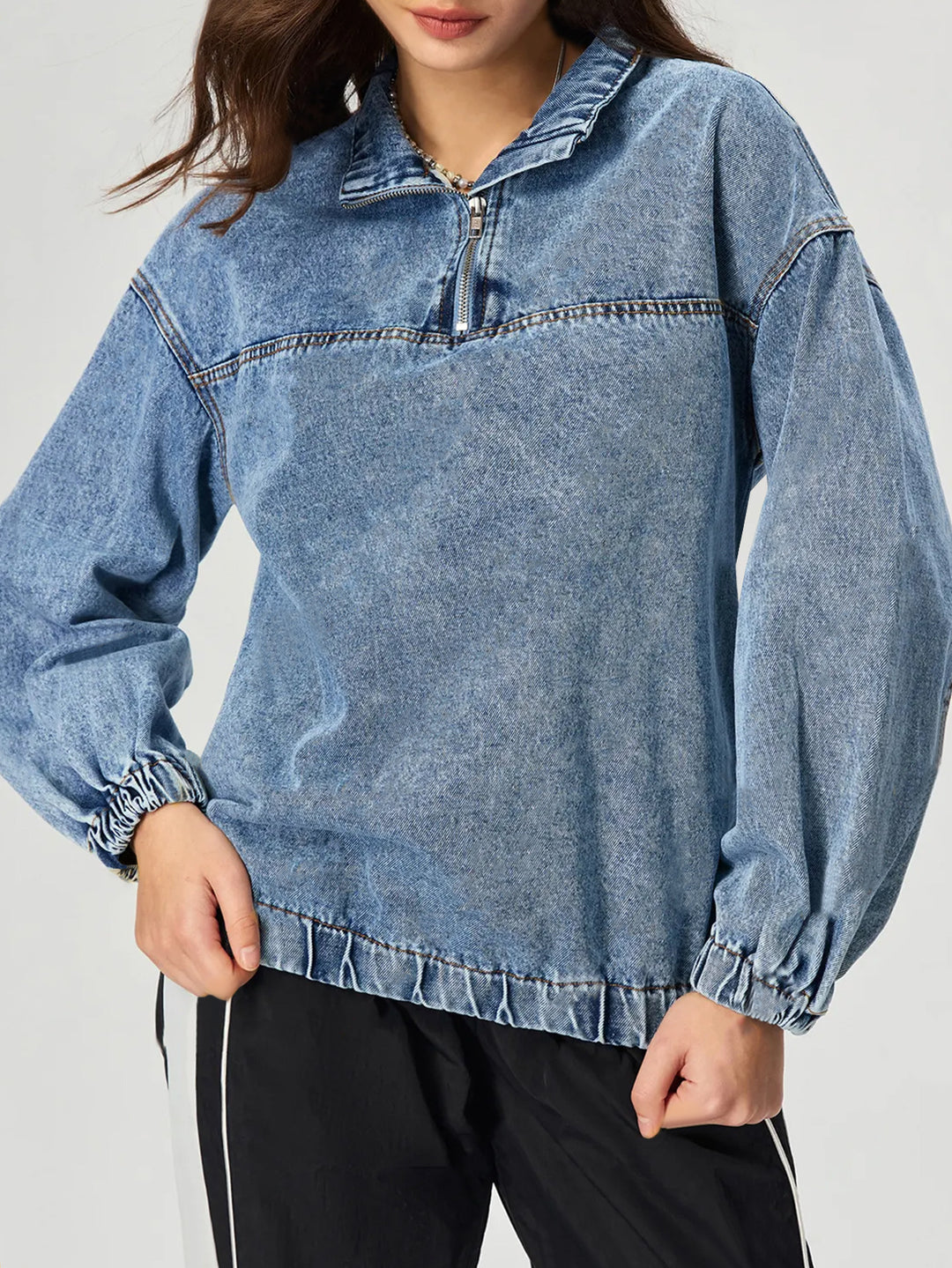 Pull en denim pour femmes, ample, avec col montant et fermeture éclair Levoire