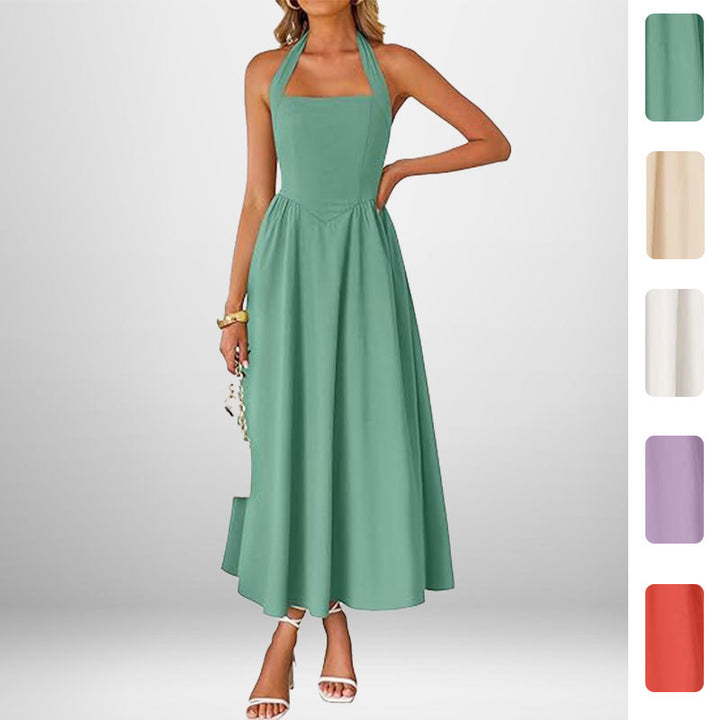 Robe maxi pour dames avec col halter décolleté et jupe fluide Levoire