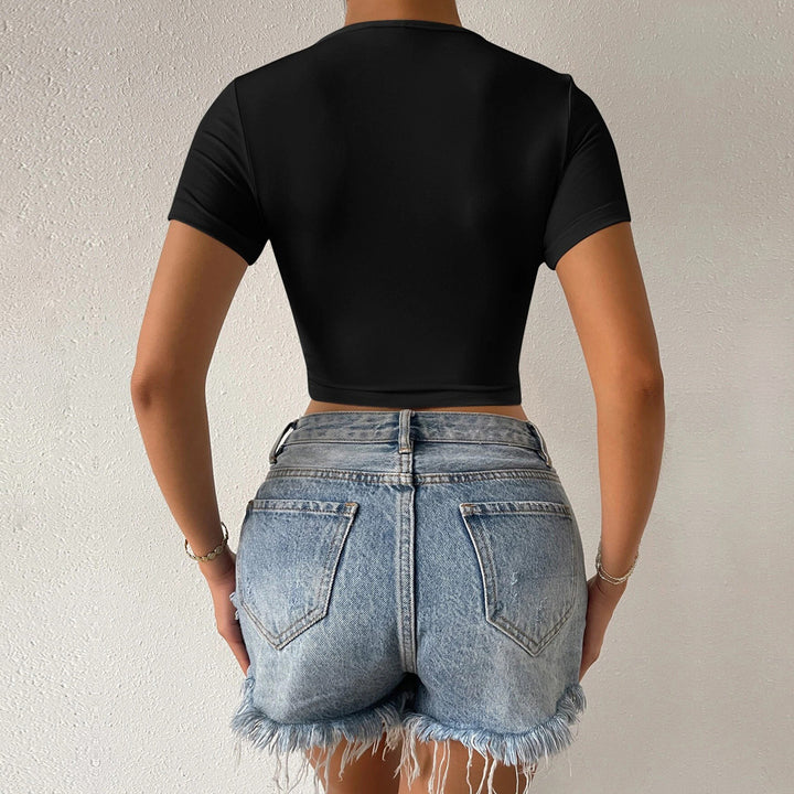 T-shirt pour femmes court à col en V avec design enroulé Levoire