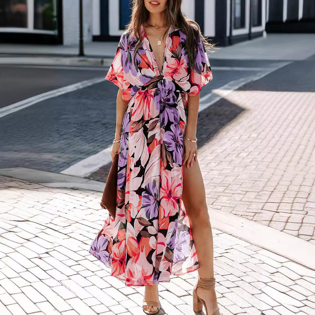 Robe Maxi Femme avec Décolleté en V Profond et Fente Latérale Levoire