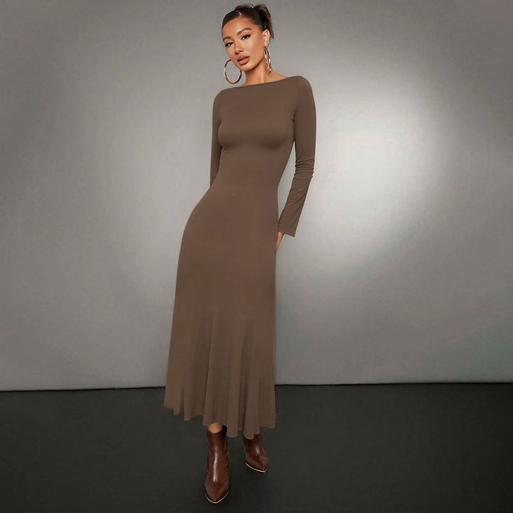 Robe midi à manches longues pour femmes avec encolure ronde élégante et ourlet volant Levoire