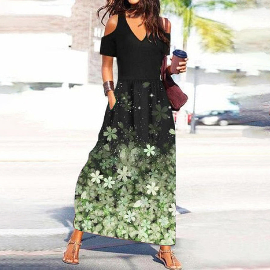 Levoire | Chic Floral Print V-Haul Off-Shoulder Robe Vert clair