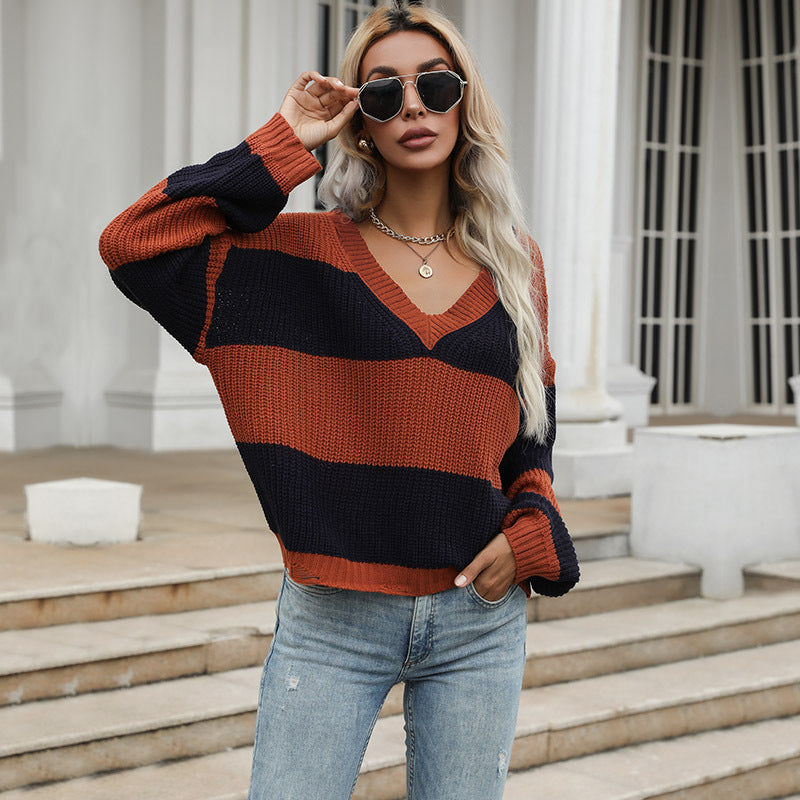Pull en tricot surdimensionné pour femme avec encolure en V et rayures bloquées Levoire