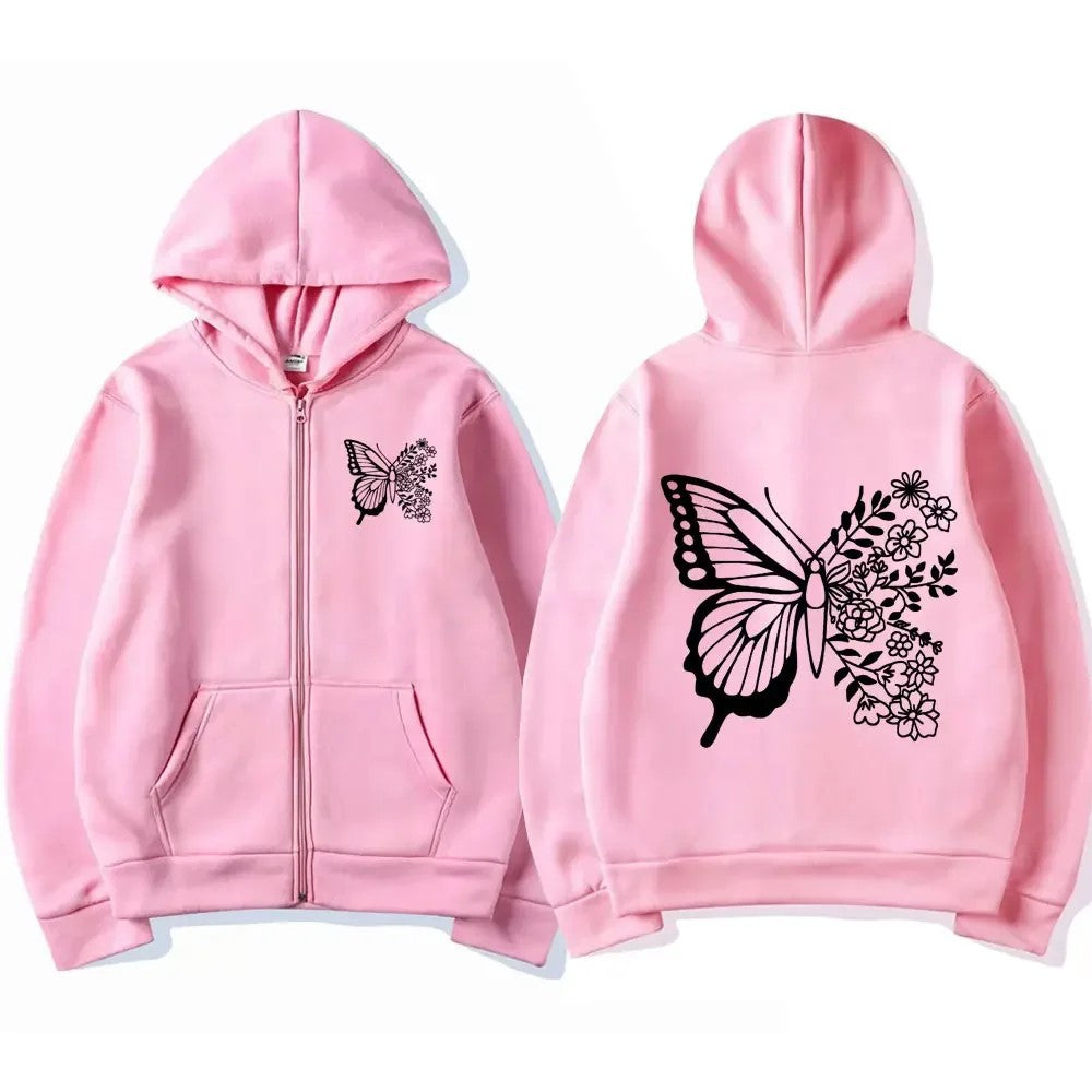 Haut à capuche pour femmes avec motif de papillon floral et poche kangourou pratique Levoire
