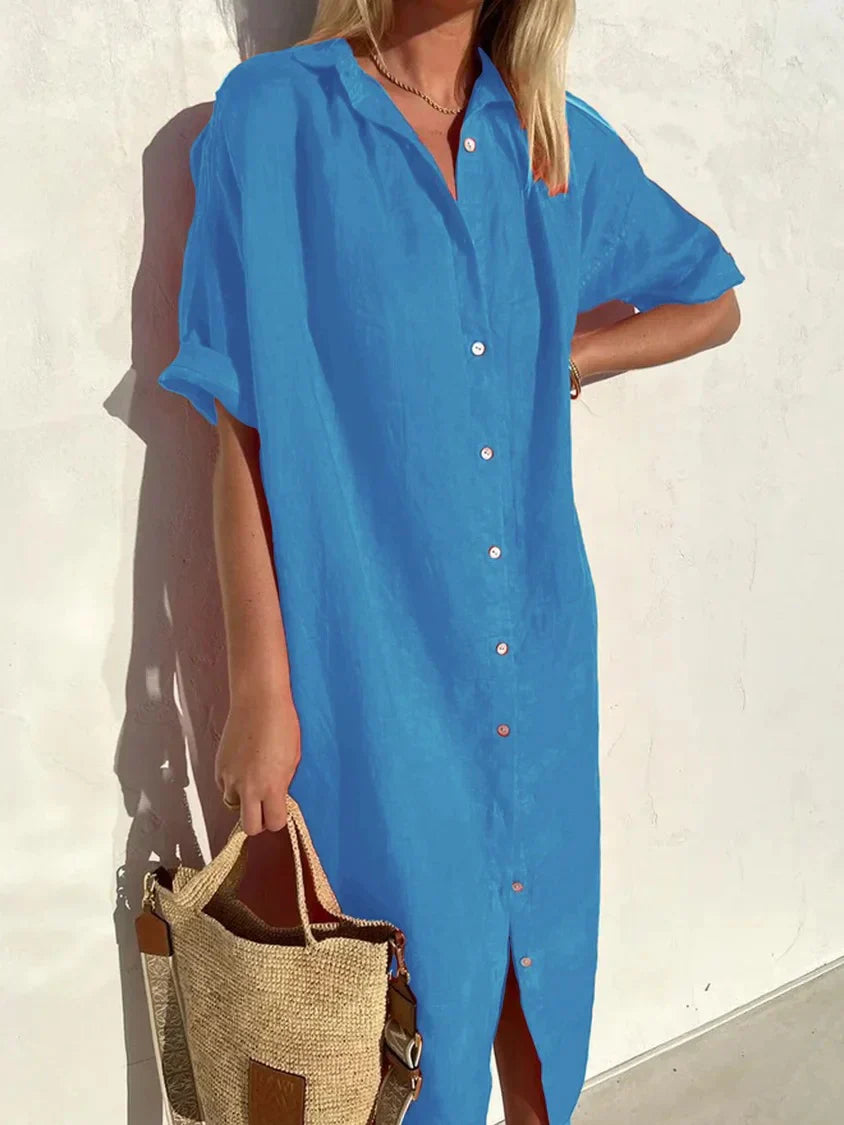 Levoire | Robe à boutons à manches amples, élégante et décontractée, pour femmes robes en coton et en lin Bleu paon
