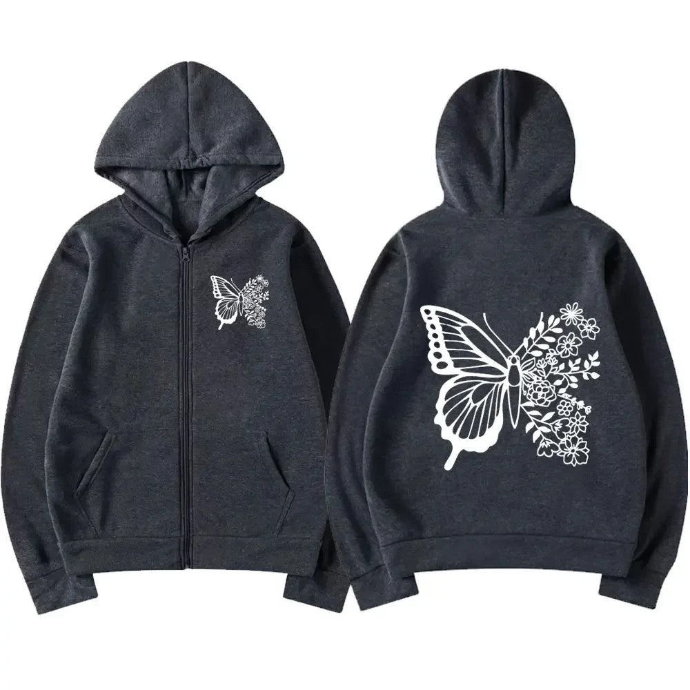 Haut à capuche pour femmes avec motif de papillon floral et poche kangourou pratique Levoire